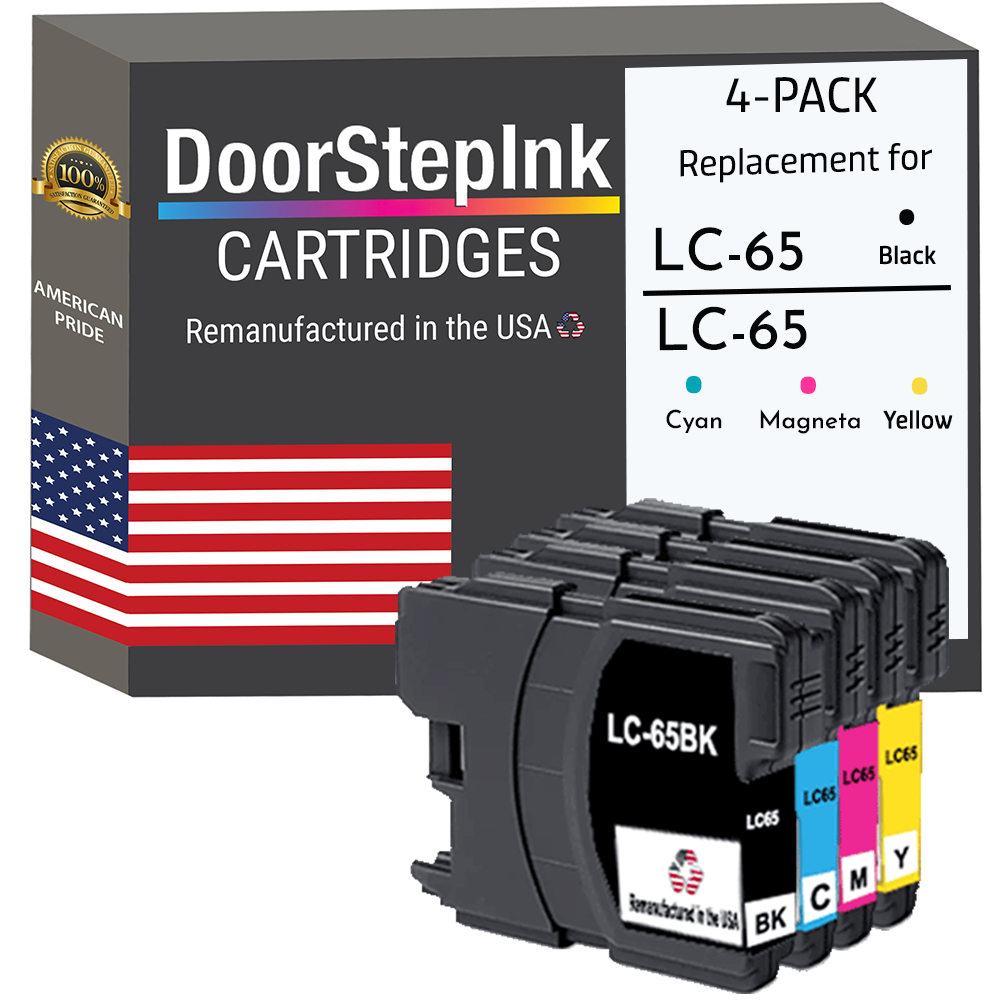 DoorStepInk Brand for Brother LC65 1 Black /  3 Color Remanufactured in the USA Ink Cartridges, LC65-4PKS